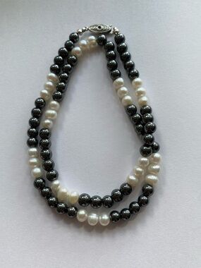 VTG 80s Natural Hematite & Freshwater Pearl Necklace | 20" | Silk Strung